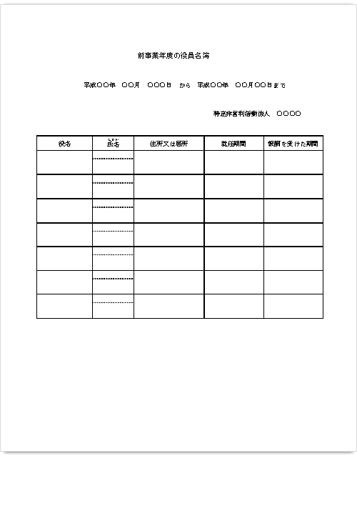 前事業年度の役員名簿サンプル